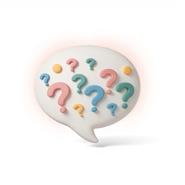 A floating speech bubble, with a rounded shape and a slightly glossy surface. Inside the bubble, there are numerous colorful question marks in various sizes, featuring bright hues such as red, blue, green, and yellow. The background behind the speech bubble is a soft gradient that enhances the vibrant colors of the question marks, allowing them to stand out prominently. The bubble appears to be gently swaying, giving a sense of movement.