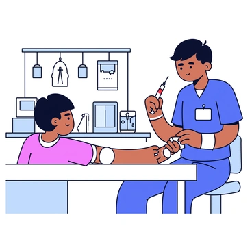 A healthcare professional wearing blue scrubs and a name badge is holding a syringe. The professional has short dark hair and is focused on drawing blood. The patient, seated comfortably, has their arm extended and a tourniquet applied above the elbow. There is a cotton ball with a band-aid applied on the patient's arm after the blood draw. The clinical setting features a white wall and medical equipment in the background, including a blood pressure monitor and various instruments on a counter.