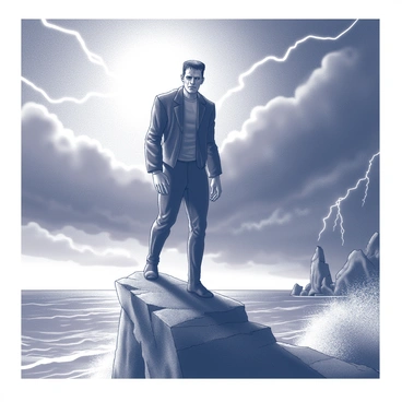 Frankenstein's monster is standing on a rocky cliff, with a tall and imposing figure. The strong wind is blowing, causing his ragged clothing to billow around him. Dark storm clouds swirl in the sky above, intensifying the scene. Lightning strikes illuminate his silhouette dramatically, highlighting the contours of his muscular frame and rugged features. The ocean below crashes against the rocks, adding to the sense of turmoil and power in the environment. The atmosphere is charged with energy, emphasizing the monster's presence against the wild backdrop.