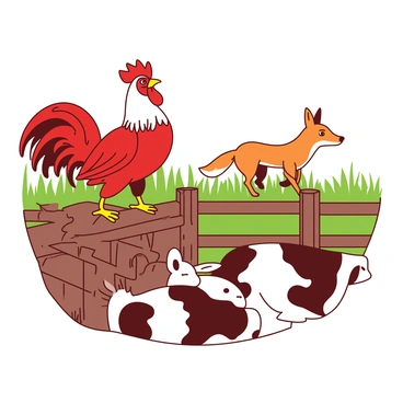A red rooster stands on a wooden fence, its wings slightly spread and chest puffed out, crowing loudly. Its eyes are wide and alert as it looks down at a group of animals gathered below, including a brown rabbit, a white goat, and a black-and-white cow. The animals are looking up at the rooster with expressions of concern. In the background, a cunning orange fox stealthily approaches through the tall grass, its eyes focused on the unsuspecting animals. The scene captures the tension of the moment as the rooster warns the other animals about the impending danger.
