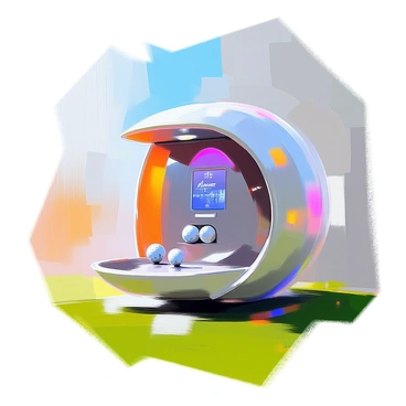 A futuristic machine with a sleek design made of polished metal and translucent panels is dispensing shiny new golf balls. The machine has an array of colorful LED lights that illuminate the area around it. The golf balls are emerging from a slot at the front, reflecting light as they roll down a smooth surface. Surrounding the machine is a well-manicured green grass area, with a clear blue sky above, enhancing the modern, high-tech appearance of the scene.