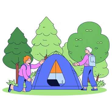Two campers with backpacks are setting up a tent in a lush forest clearing. One camper is kneeling on the ground, holding a tent pole, while the other stands nearby, guiding the tent into place. The forest is filled with tall green trees and scattered sunbeams filtering through the leaves. A blue tent with a bright orange entrance is being assembled, contrasting against the natural surroundings. The ground is covered with soft grass and a few small wildflowers.
