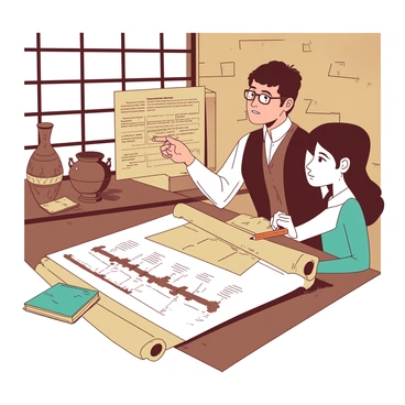A teacher and a student are examining a large scroll displaying an "ancient history timeline." The scroll is unfurled on a wooden table in front of them. Surrounding them are various "artifacts," including a bronze statue, an ancient pottery jar, and scrolls, all set against a backdrop of stone walls adorned with carvings. The tutor, wearing glasses and a brown vest, points at the timeline with an orange pen, while the student looks intently at the scroll, taking notes with a teal notebook and pencil. Sunlight streams through a nearby window, illuminating the scene.