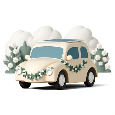 A sleek, modern wedding car, featuring a smooth exterior in a soft cream color. The car is adorned with lush greenery, including intertwined vines and delicate white flowers, wrapping around the front and sides. On the roof, there are shiny solar panels, glistening under the sunlight. The setting includes a soft focus background of a garden with blooming flowers and trees, enhancing the eco-friendly theme of the scene.