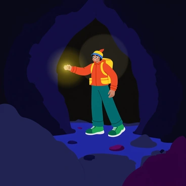 A backpacker with a bright headlamp is exploring the depths of a dark cave. The backpacker is dressed in rugged outdoor clothing, including a durable jacket and sturdy hiking boots. The headlamp casts a warm, glowing light that illuminates the rocky walls of the cave, revealing various textures and colors of the stone. The cave features stalactites hanging from the ceiling and uneven ground covered with small rocks and pebbles. The backpacker holds a flashlight in one hand, using it to examine the cave's features as shadows dance around the cavern.