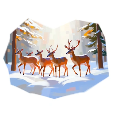 A group of deer, including several doe and a stag, are walking gracefully through a snow-covered forest. The snow blankets the ground, glistening under the soft light filtering through the trees. The deer move in a line, their delicate hooves leaving a series of clear prints in the fresh snow. Surrounding them are tall evergreen trees, their branches heavy with snow. The scene conveys a sense of peaceful movement as the deer navigate the serene winter landscape.
