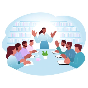 A book club leader is standing in a cozy room filled with bookshelves that are lined with various novels. The leader is holding a book and gesturing while discussing a topic with enthusiasm. Around a rectangular table, several club members are seated, each with individual books open in front of them. Some members are taking notes on notepads while others are leaning forward, engaged in the conversation. A warm light is illuminating the space, and a steaming cup of tea is placed on the table next to a small plant. Soft, gradient pastel colors create a warm atmosphere throughout the scene.