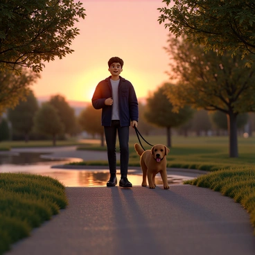 A person with light brown skin, wearing a navy blue jacket and dark jeans, walks a medium-sized golden retriever on a leash. The setting sun casts warm orange and pink hues across the sky, creating a beautiful backdrop. The person has a relaxed expression as they stroll down a tree-lined path, with leaves gently rustling in the evening breeze. The dog appears happy, with its tongue out and tail wagging, as they pass by a small pond reflecting the colorful evening sky.