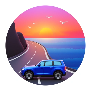 A crossover SUV in a sleek design driving along a winding coastal highway. The vehicle is positioned slightly to the right, showcasing its aerodynamic shape and shiny paint. In the background, a vibrant sunset fills the sky with rich hues of orange, pink, and purple, reflecting off the calm ocean waves below. Silhouetted cliffs rise on the left side of the highway, adding depth to the scene. Seagulls can be seen flying in the distance against the colorful sky.