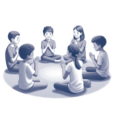 A group of children sitting in a circle on the grass. Each child is facing inward, their hands clasped together in front of them as they engage in prayer. Their faces are filled with bright smiles, radiating joy and enthusiasm. The children represent a diverse mix of backgrounds, with various hairstyles and clothing styles. The setting is outdoors, surrounded by trees and grass, creating a lively atmosphere.