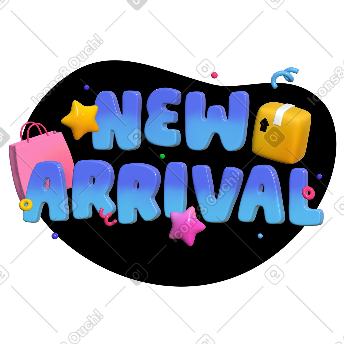 Ilustración Recién llegado de letras 3d con paquete y texto bolsa compras en estilo Lettering a descargar en PNG SVG