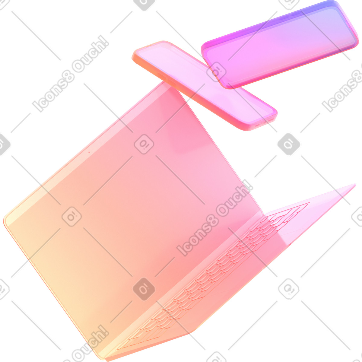 Laptop and two gradient smartphones illustrazione in stile 3D Glassy scarica in PNG, SVG