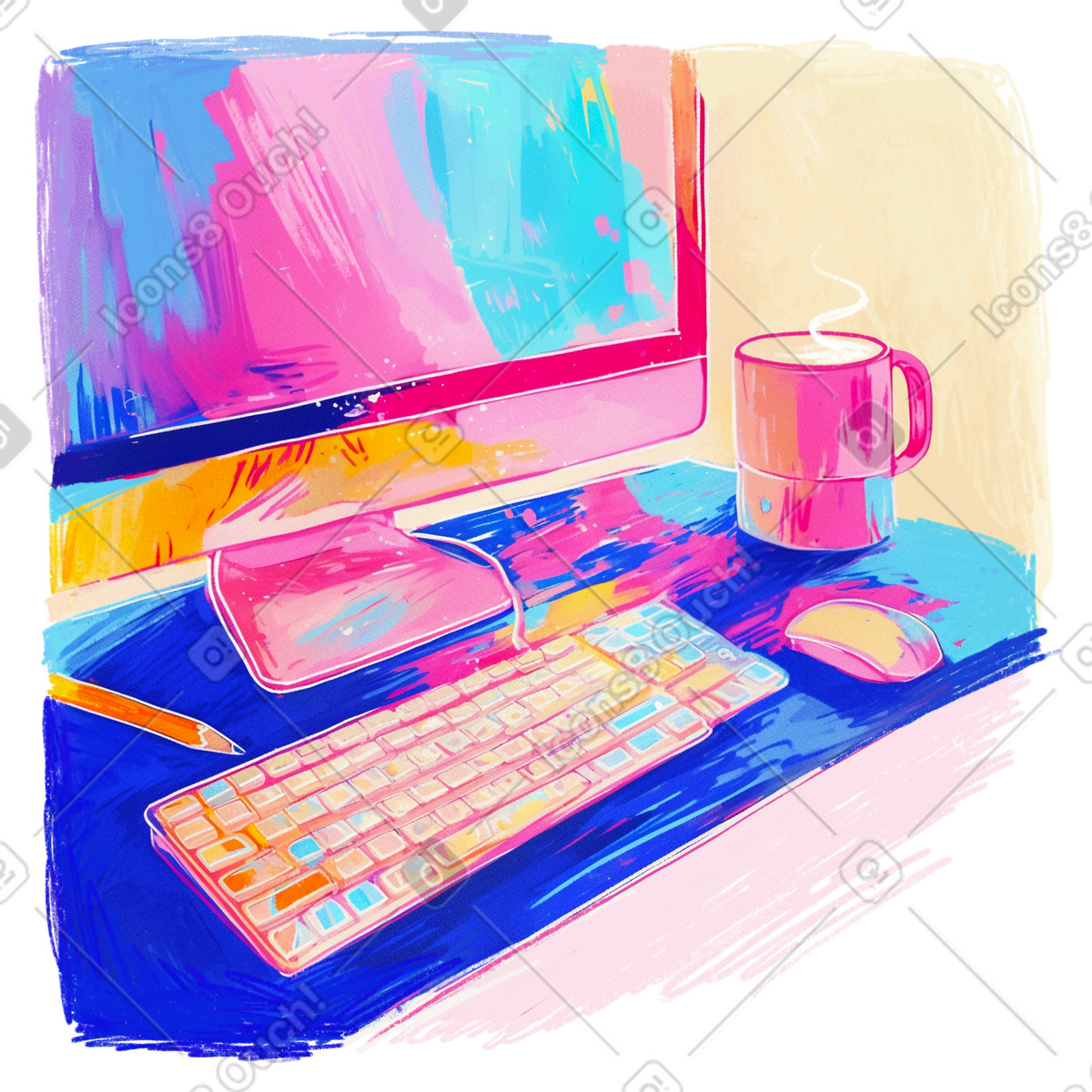 Disegno a matita di un computer desktop con tastiera illustrazione in stile Fuchsia scarica in PNG, SVG