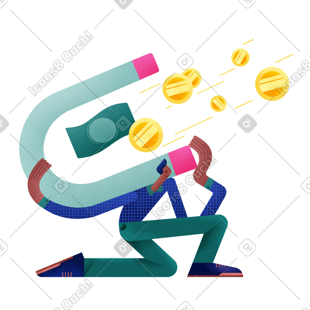 Illustration Person attracting coins and banknotes with giant magnet, financial growth income generation dans le style Willowy à télécharger aux formats PNG, SVG