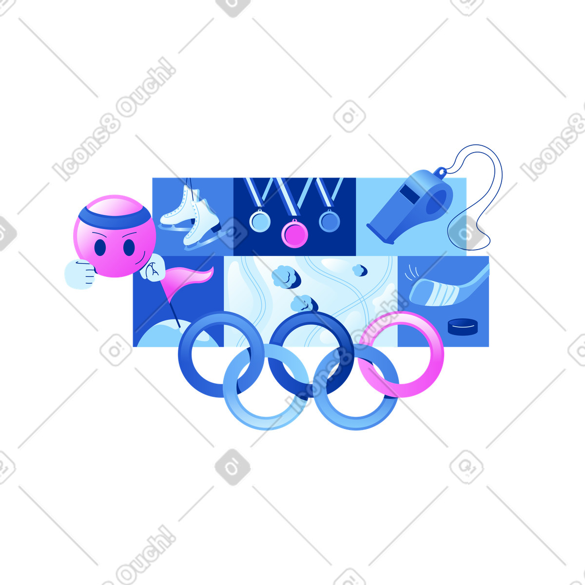 Illustration Jeux olympiques d'hiver. emoji en cours d'exécution avec des médailles, patins à glace et un sifflet dans le style Glossy télécharger aux formats PNG, SVG