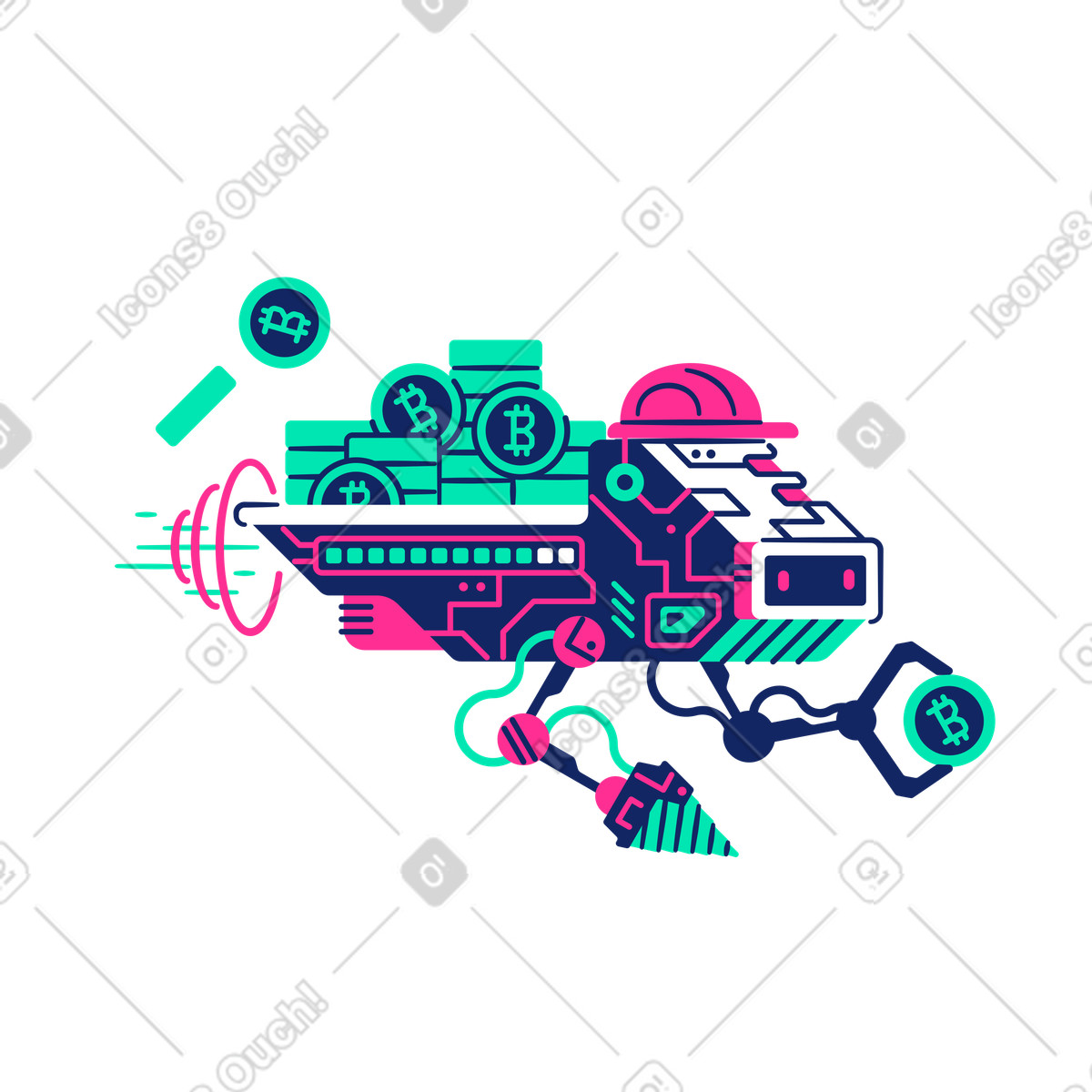 Galactic vehicle delivering bitcoins after payment confirmation illustration in Cyborg style download in PNG, SVG