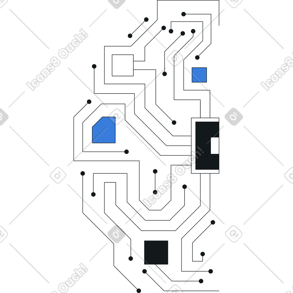 Linee di circuito con chip a forma cervello illustrazione in stile Midnight scarica in PNG, SVG