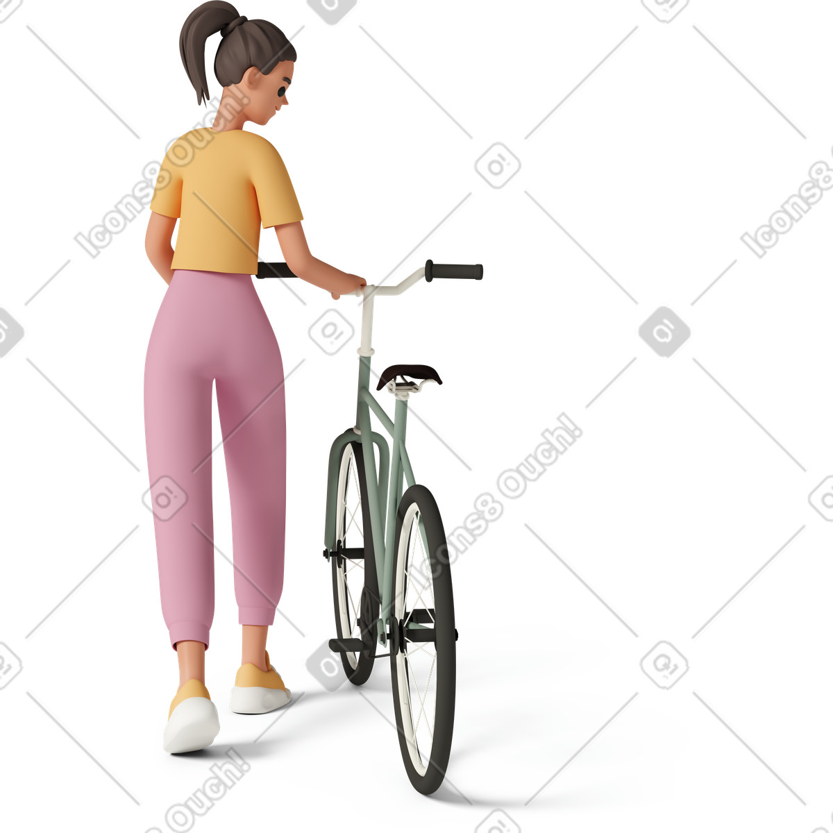 3D Casual life 스타일의 Back view of young woman walking with bicycle 일러스트레이션 PNG, SVG 다운로드