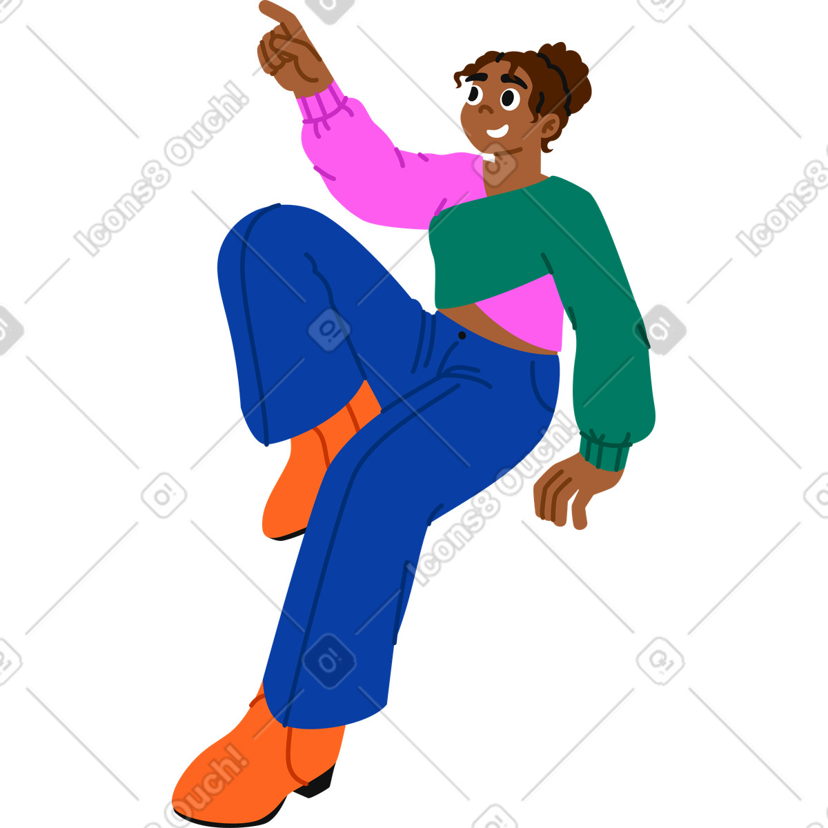 Active スタイルの 座って何かを指している若い女性 のイラストをPNG、SVG形式でダウンロード