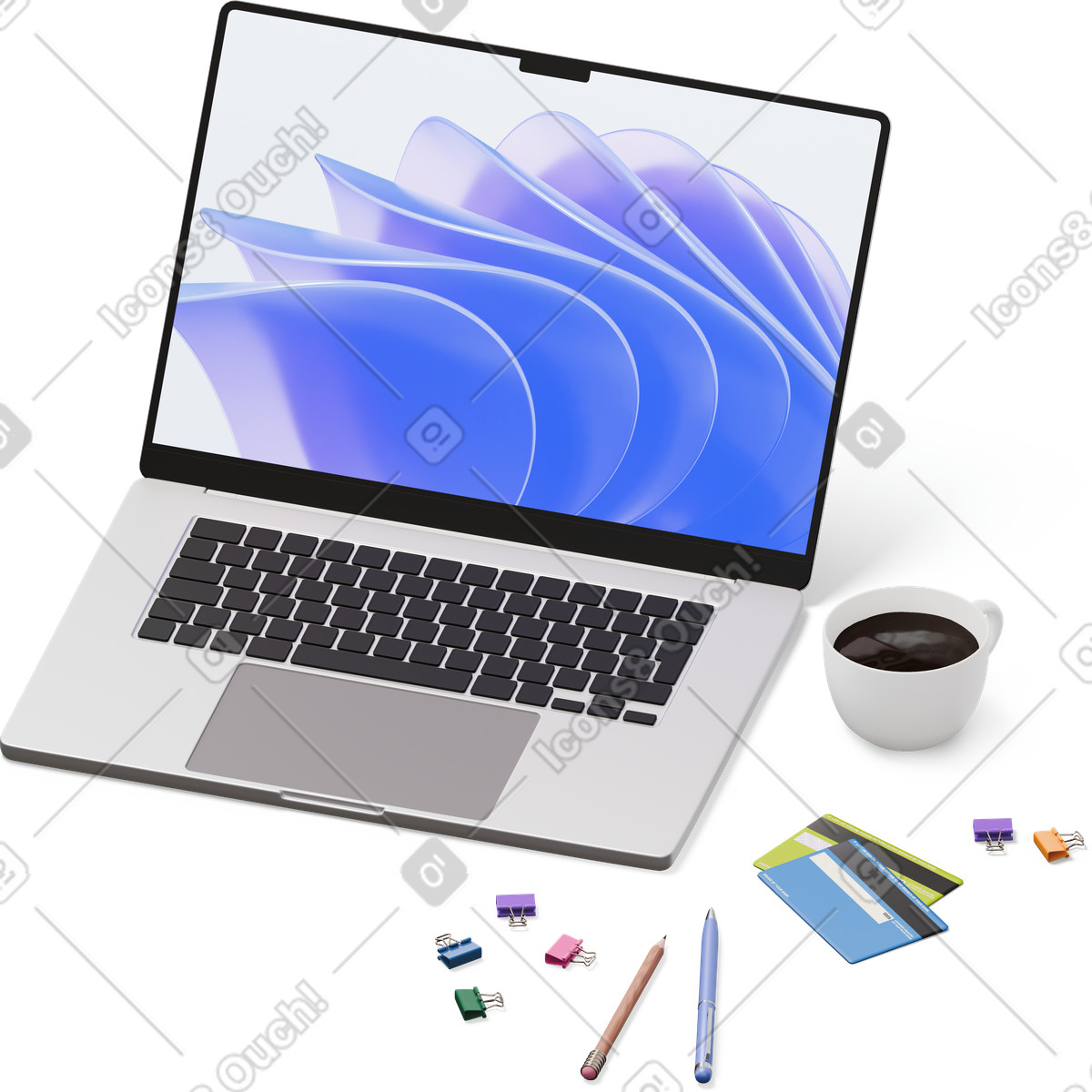Ilustração de Visão isométrica laptop, cartões crédito e pins em no estilo 3D Hygge para baixar em PNG, SVG