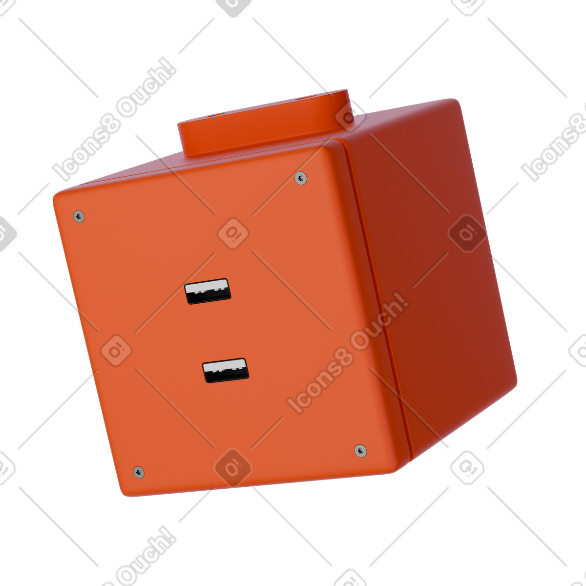 Ilustración Orange usb hub power strip cube, Extension socket adapter, Electrical outlet render en estilo 3D Product a descargar en PNG y SVG