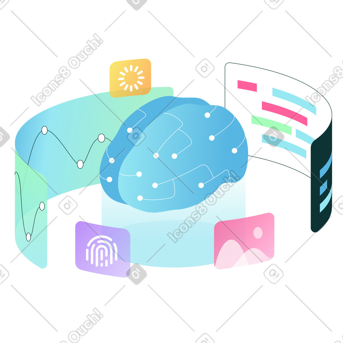 Illustration animée AI brain with analytics dashboard, Artificial intelligence and data science dans le style Florid à télécharger aux formats GIF, Lottie (JSON), AE