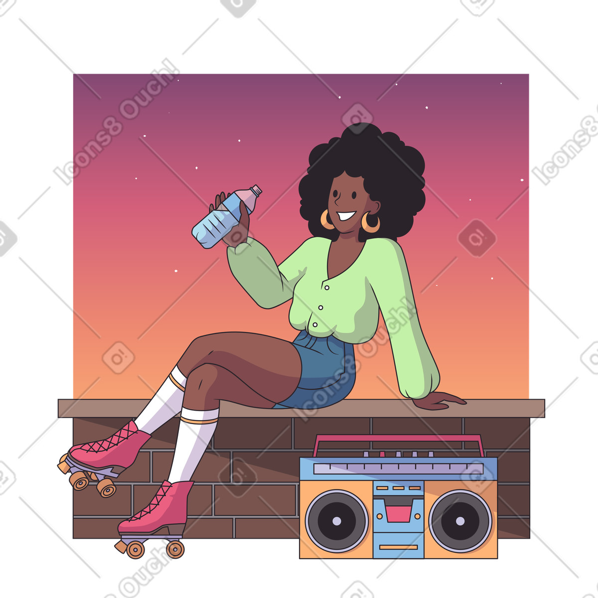 Ilustración Chica en patines escuchando música la calle estilo Eastwood a descargar PNG y SVG