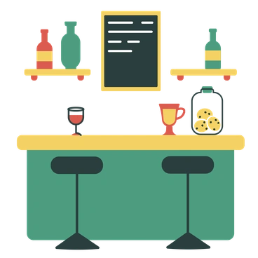 A colorful bar with drinks and snacks - Macaroni style illustration
