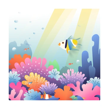 An underwater scene featuring a coral reef illuminated by amber-tinted sunlight