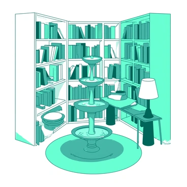 A teal small indoor fountain is positioned in the corner of a cozy library, creating a peaceful atmosphere. The fountain features intricate designs and gently flows water into a white basin. Surrounding the fountain, there are tall white bookshelves filled with various books, some stacked vertically while others lay horizontally. The floor is covered with a soft area rug in a contrasting tone, adding warmth to the space. A small table with a white lamp sits nearby, providing additional light to the reading area.