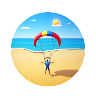A skydiver in a colorful parachute descending towards a sandy beach. The parachute is fully open, showcasing vibrant colors like red, blue, and yellow. The sandy beach stretches out below with fine, golden sand. In the background, ocean waves gently roll towards the shore, creating a contrast with the blue sky above. The sun is shining brightly, casting clear shadows on the sand as the skydiver approaches the ground.