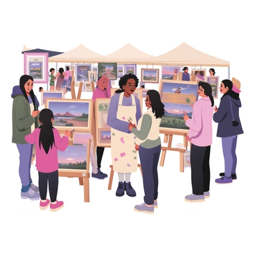 A local artist is standing behind a display of vibrant paintings at an open-air market. The artist is a woman with medium skin and curly black hair, wearing a white apron splattered with paint. She is smiling and engaging with a small group of art lovers gathered in front of her. 

The paintings are framed and vary in size, showcasing colorful landscapes and abstract designs. Each artwork is displayed on an easel or hung on a portable display board. The market surroundings show a variety of tents and other vendors in the background, with people browsing and interacting. 

Some art lovers are pointing at specific pieces, while others are discussing the artwork with the artist. The scene is lively and filled with the warm light of a sunny day.