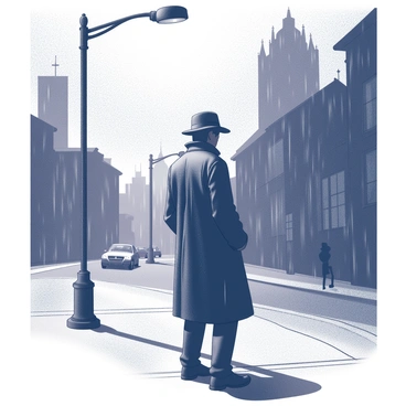 A film noir poster featuring a detective wearing a raincoat. The detective stands beneath a street lamp, with shadows cast dramatically around him. Rain falls steadily, creating a glistening effect on the pavement. The detective's face is partially obscured by a fedora, adding to the enigmatic atmosphere. In the background, silhouetted buildings loom, enhancing the sense of mystery. Sparse details of the cityscape are visible, with hints of alleyways and distant cars creating a sense of intrigue.