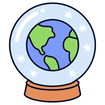 A transparent snow globe with a smooth round shape. Inside the globe is a miniature Earth, detailed with blue oceans and green landmasses. Surrounding the Earth are white snowflakes that swirl gently within the globe, creating a sense of movement. The base of the snow globe is made of polished wood, adding a warm touch to the overall appearance.