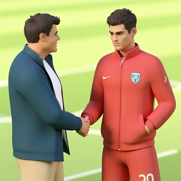 A man, with a friendly smile, wearing a navy blue jacket, white shirt, and khaki pants, is shaking hands with another man. The rival coach is dressed in a red tracksuit with a logo on the chest. They are standing on a football pitch, with a bright green grass field in the background. Both men have a confident demeanor, with the rival coach looking slightly serious. The atmosphere is tense, hinting at the importance of the upcoming match.
