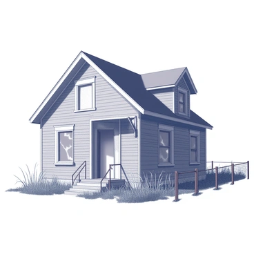 An old house with a gabled roof, showing signs of decay with peeling paint on the wooden siding. The windows are partially boarded up, and the door hangs slightly ajar. Weeds and tall grass have overtaken the front yard, intertwining with the base of the house. A rusty, broken fence lines the property, adding to the sense of abandonment. The overall scene conveys a feeling of neglect, with shadows cast by the structure creating a stark contrast against the surroundings.