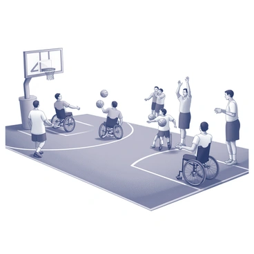 A basketball court filled with excitement during a wheelchair basketball game. Multiple players in wheelchairs are engaged in dynamic action, some dribbling the ball while others are positioning themselves strategically. A player in the foreground is taking a shot at the hoop with concentration, while another player is defending closely. The spectators in the background are cheering, creating an energetic atmosphere. The court is marked with white lines for boundaries and includes a basketball hoop visible at one end.