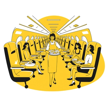 An airplane aisle filled with rows of seats. A stewardess wearing a uniform is walking down the aisle, holding a tray filled with in-flight meals. Each passenger is seated, some looking at the stewardess while others are focused on their meals. The passengers are dressed in various outfits, with one holding a magazine and another looking out the window. The cabin is decorated with overhead compartments and safety displays. The atmosphere is bustling as the stewardess moves efficiently to serve everyone.