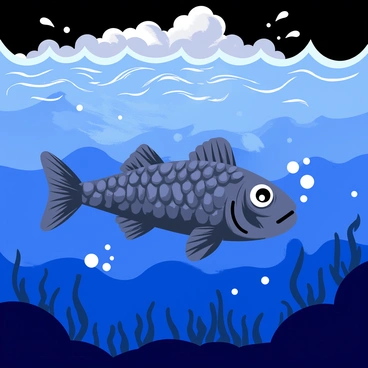A coelacanth swimming gracefully in the deep blue waters of the ocean. The coelacanth has a textured, ancient-looking body covered in blue and gray scales. Surrounding the fish are swirling currents and dark shadows created by turbulent waves above. The light filtering through the water creates dynamic patterns on the ocean floor. Bubbles rise around the coelacanth, adding to the sense of movement in the stormy sea. Dark storm clouds loom above the surface, hinting at the chaos above.