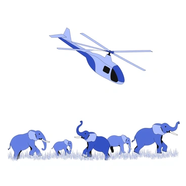 A KMAX helicopter is flying at a low altitude above a herd of elephants. The helicopter features two large rotors on top and has a sleek, streamlined body design. Below, the herd consists of several elephants, some standing and others walking through tall grass. The elephants have detailed textures depicting their skin and tusks. The scene captures the helicopter's vantage point, showcasing the elephants' movements and interactions in their natural habitat.