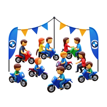 A designated area at the BMW Motorrad event filled with children. Several kids are playing with toy BMW motorcycles. The motorcycles are detailed miniatures, mimicking real BMW designs in vibrant colors. The children are actively engaged, some are riding the toy motorcycles, while others are gathered around discussing their favorite models. Bright banners and flags featuring the BMW logo adorn the space, contributing to the lively atmosphere.