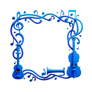 A decorative frame composed of intricate musical notes, clefs, and a variety of instruments including a guitar, trumpet, and violin. The notes are elegantly intertwined, creating a rhythmic flow around the edges. The instruments are artistically arranged at the corners of the frame, adding depth and dimension to the design. The background is left blank to provide space for concert details.