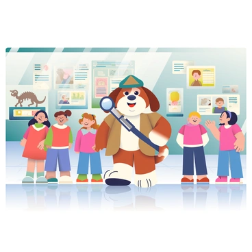 A cheerful detective dog mascot with a brown and white coat is leading a tour at a history museum. The dog is wearing a small detective hat and holding a magnifying glass in its mouth. Surrounding the dog are several excited children, eagerly listening to its explanations. In the background, various historical exhibits can be seen, including a dinosaur skeleton and ancient artifacts displayed in glass cases. The museum walls are adorned with informative posters about history, and the floor is polished marble, reflecting the bright lights from above.