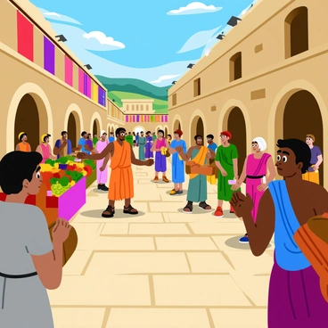 A bustling ancient Greek market filled with numerous traders and philosophers engaged in animated discussions. Stone buildings surround the market, with colorful cloth banners waving gently in the breeze. Stalls display vibrant fruits, vegetables, and pottery, while a trader gestures passionately as he showcases his goods. A group of philosophers, draped in togas, gather in a corner, deep in debate. The cobblestone path is crowded with citizens, some carrying bundles, others stopping to chat with friends. Bright sunlight casts dynamic shadows across the scene, highlighting the lively atmosphere of trade and conversation.
