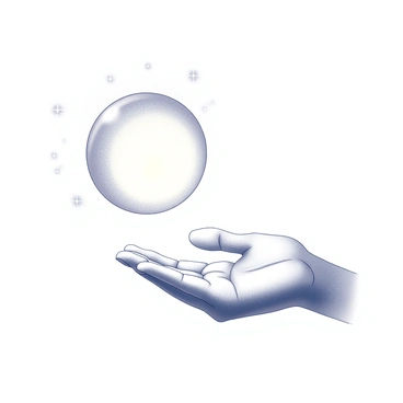 A hand with a finger extended is hovering just above a glowing orb. The finger is making contact with the surface of the orb, and small sparks of light are radiating outward from the point of contact. The orb has a smooth, spherical shape and emits a bright light, illuminating the surrounding area. The sparks are depicted as small, bright points of light, contrasting with the orb's glow. The hand appears detailed, showcasing the texture of the skin and the distinction of the fingernail. The scene captures the moment of magical interaction between the finger and the orb.