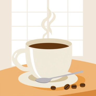 A close-up of a "steaming cup of coffee" with a glossy ceramic surface, resting on a wooden table. The coffee is dark brown with visible steam rising and swirling above the cup. The background shows a soft-focus of frost-kissed window panes, adding to the chilly morning atmosphere. A small white saucer sits beneath the cup, with a silver spoon placed beside it. A few scattered coffee beans are positioned around the cup, enhancing the coffee theme.