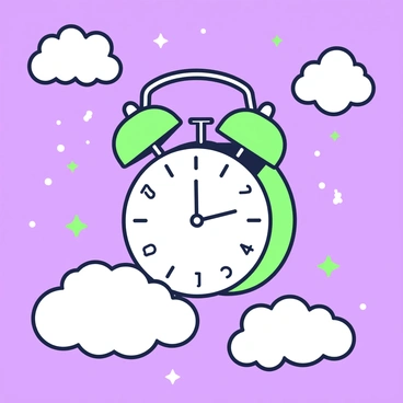 An alarm clock is floating among fluffy clouds in a night sky. The clock has a round face with numbers and two bells on top. Surrounding the clock, there are various fluffy clouds in different sizes. Scattered throughout the scene, small stars twinkle, adding to the whimsical atmosphere. The clouds vary in shapes, some looking like cotton candy, while others appear more rounded. The alarm clock's hands are pointing to a specific time, and there is a slight glow emanating from the stars.