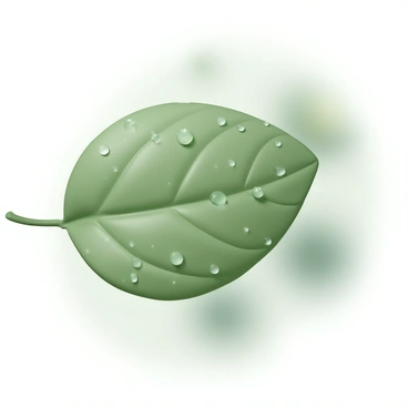 A close-up view of a vibrant green leaf. The leaf has smooth edges and a rich texture, with intricate veins visibly detailed across its surface. It is covered in numerous clear dew droplets that glisten in the light, reflecting tiny sparkles. The background is softly blurred to emphasize the leaf and the dew, creating a fresh and natural atmosphere.