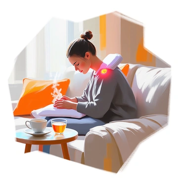A person with light skin is sitting comfortably in a cozy living room, using a heating pad on their right shoulder for warmth and relief. The heating pad is a soft, rectangular shape, resting against their shoulder. The person is wearing a loose, dark sweater, and their hair is pulled back in a casual bun. Their expression conveys a sense of relaxation. In the background, there is a plush sofa and a warm blanket draped over the armrest, adding to the comforting atmosphere. A small table beside them holds a steaming mug of tea.