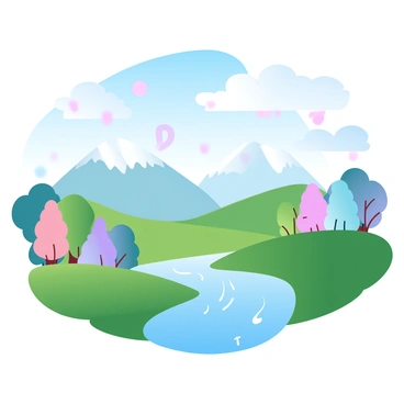 A vibrant landscape with rolling green hills and colorful trees. Above, "colorful letters" are falling like rain, scattering throughout the scene. The sky is a bright blue with fluffy white clouds. A shimmering river winds through the landscape, reflecting the hues of the falling letters. In the background, there are mountains with peaks covered in light snow, adding contrast to the colorful scene.